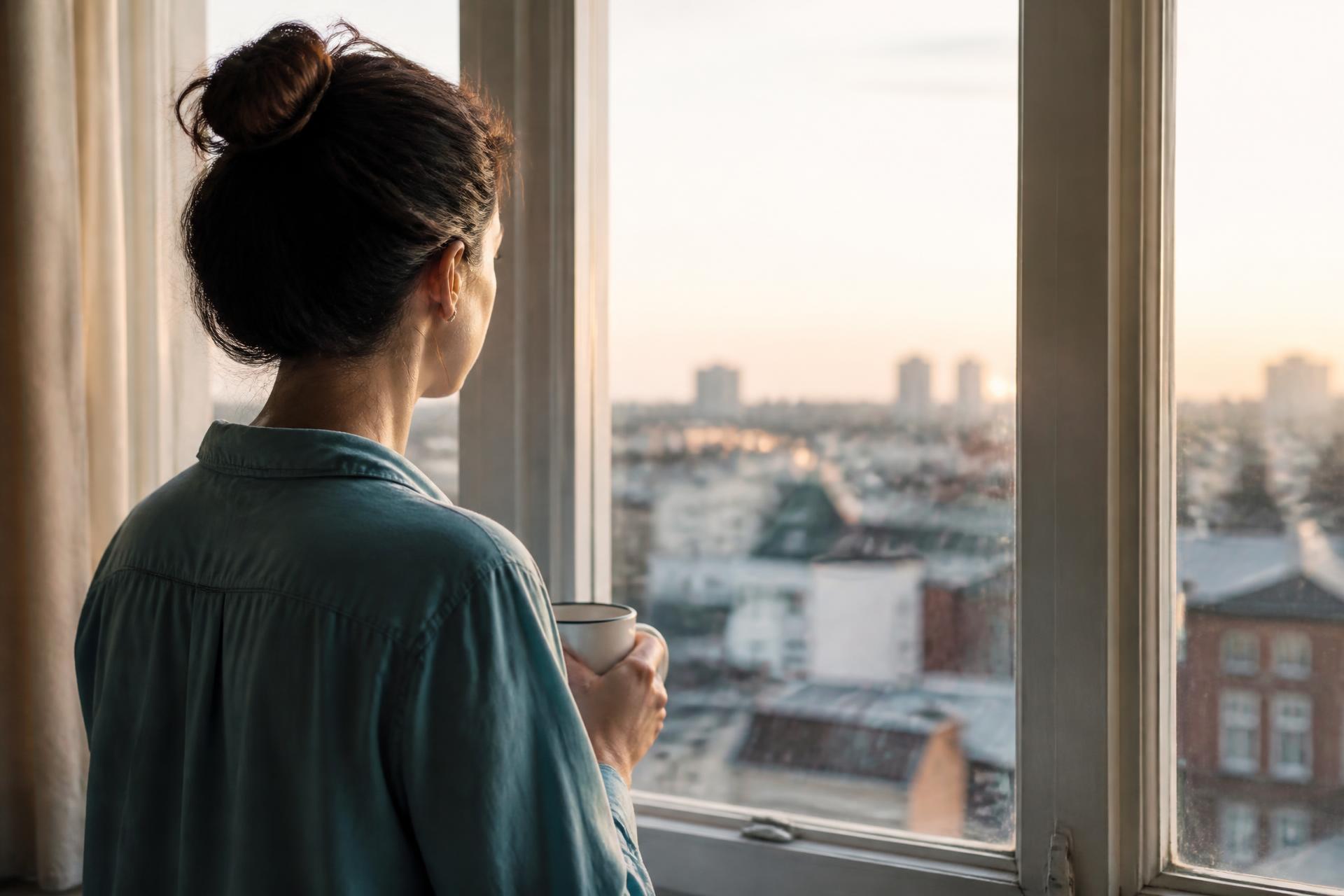 A woman looking steadily out of a window in soft morning light