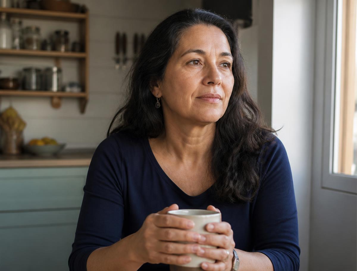 A woman sitting calmly on a porch step in afternoon light
