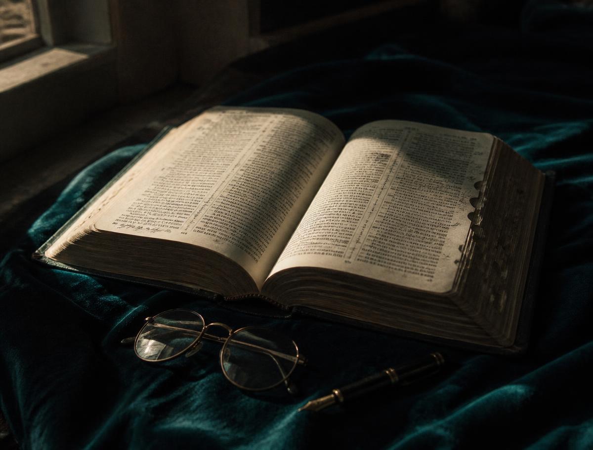 An open, well-worn Bible with reading glasses and a fountain pen beside it