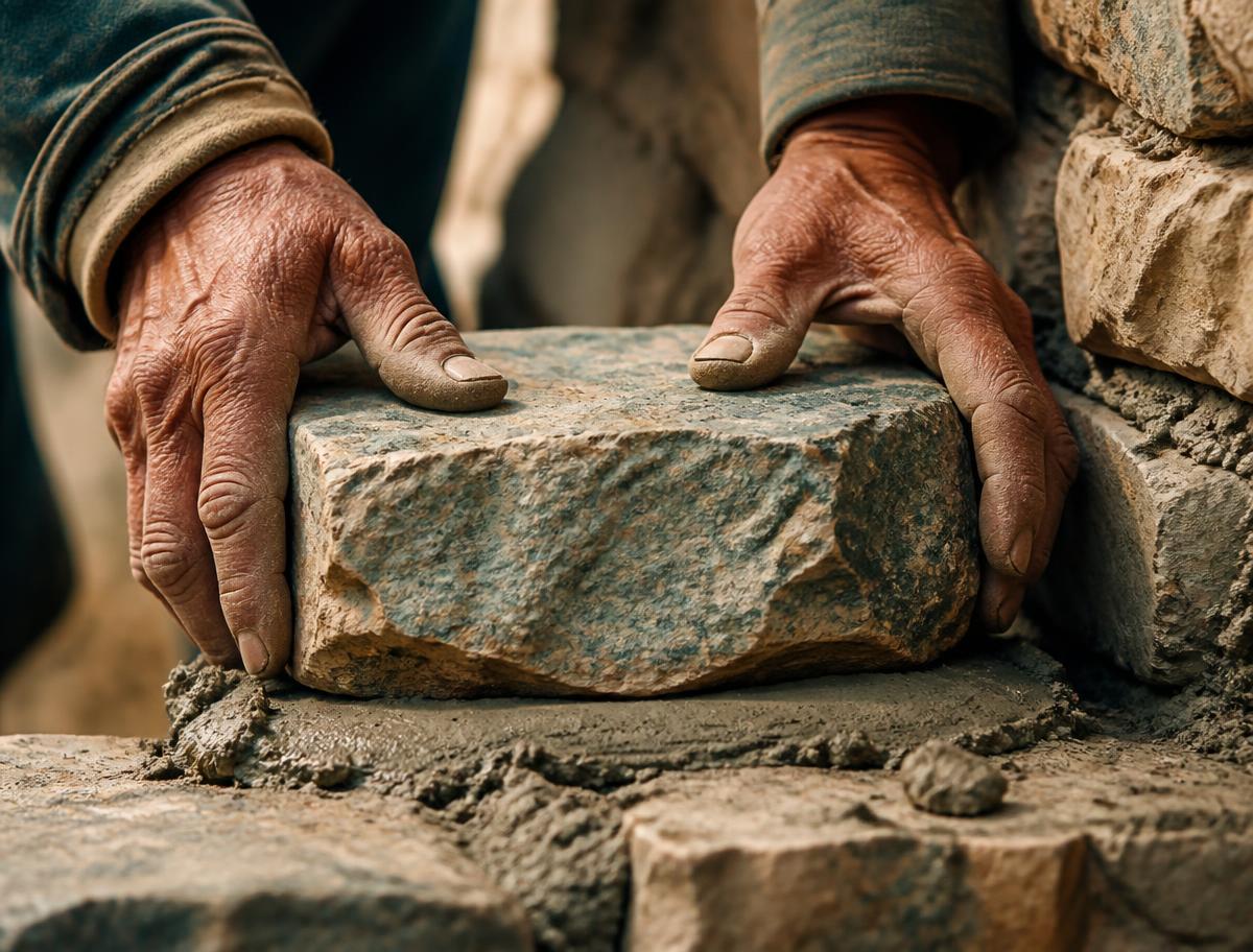 Weathered hands setting a foundation stone into fresh mortar